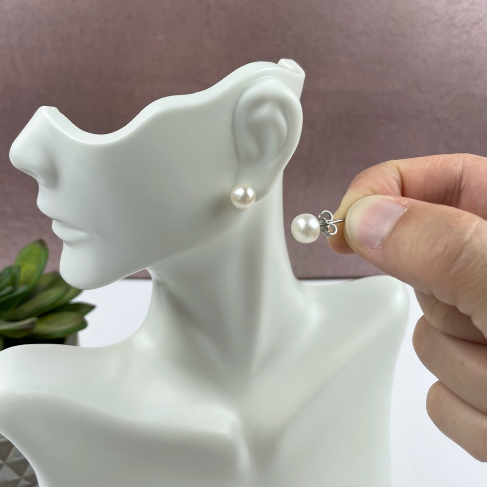 LUC 925 Silver White Pearl Stud Earrings Women Jewelry